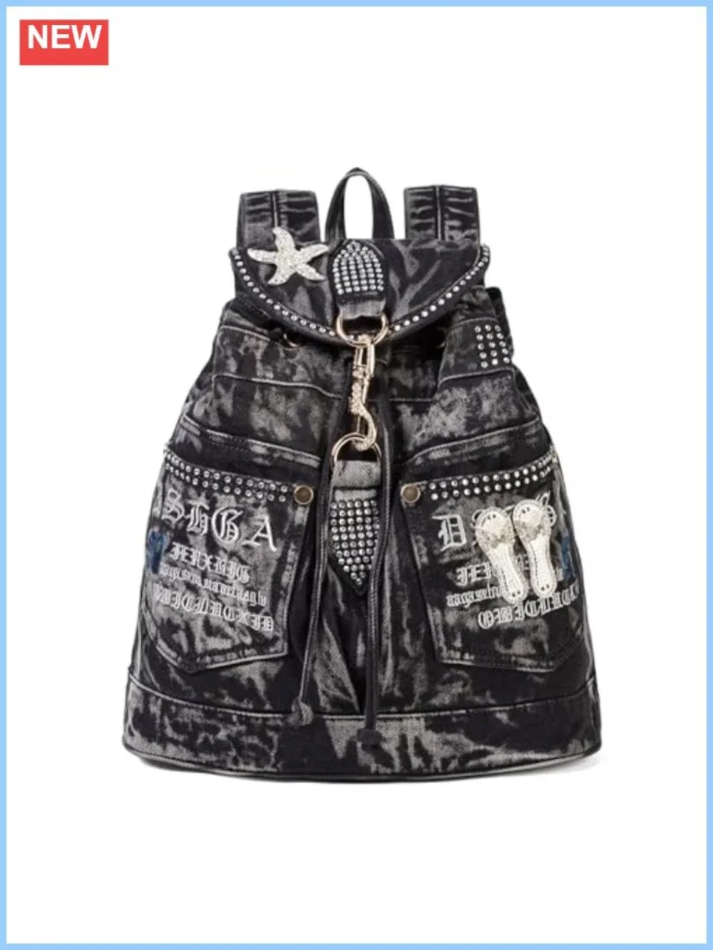 Denim Backpack with Rhinestone Decorations Casual Daypack Purse